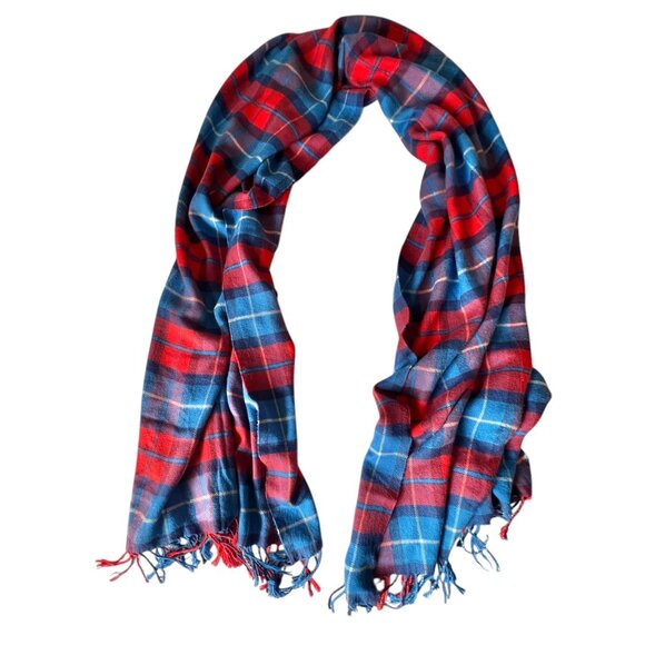 Plaid Fringe Flannel Scarf Wrap Red & Blue 85" X 26.5" Soft Acrylic By Gap - Picture 9 of 11